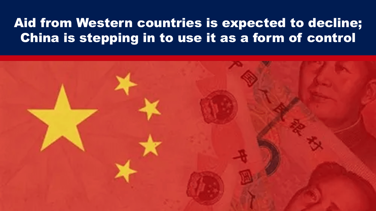 Expose News Chinese flag and currency image with text about declining Western aid and China's increasing influence.