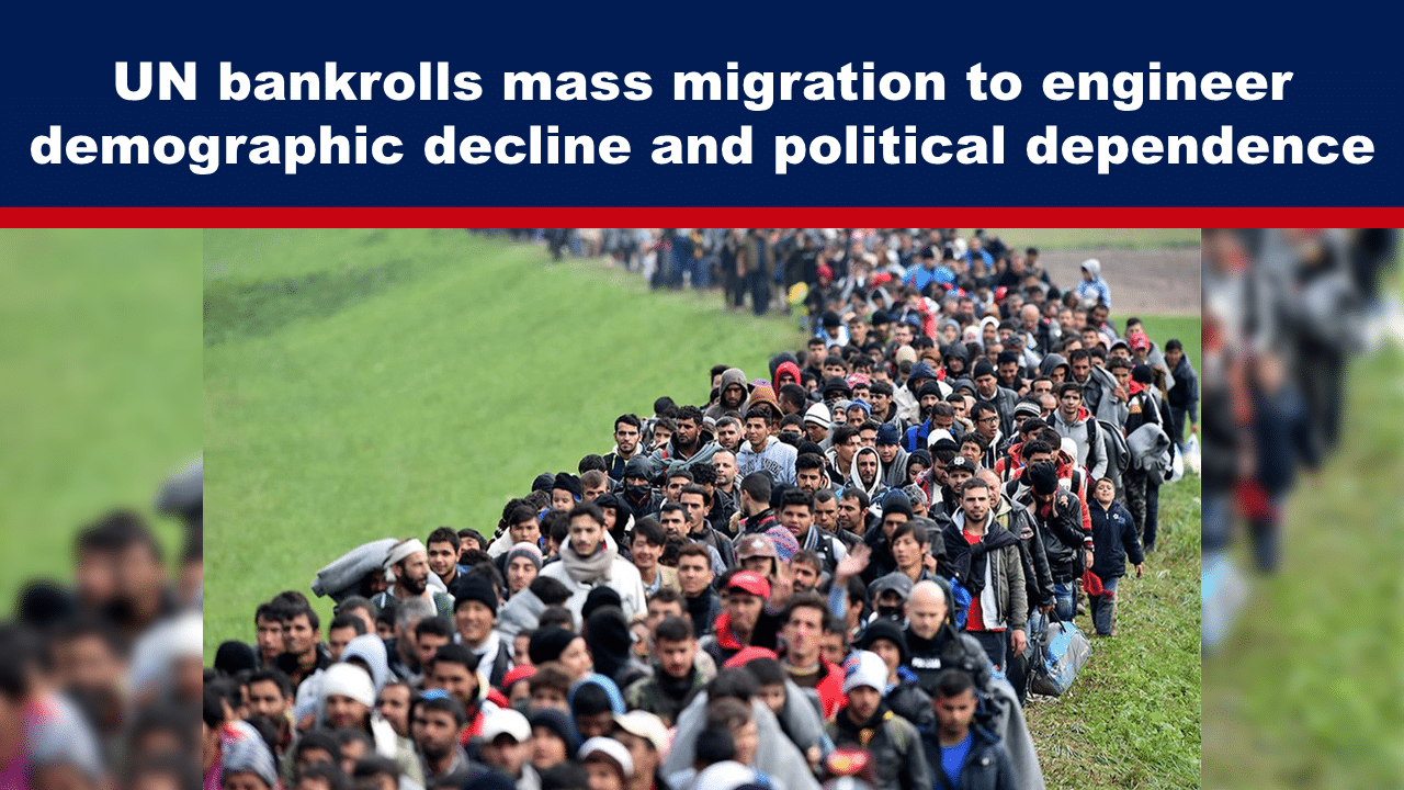 Expose News Large group of migrants walking through a field with text suggesting UN backing of mass migration.
