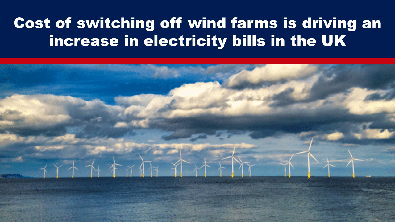 Expose News UK offshore wind farm with cloudy sky, highlighting rising electricity costs due to wind farm shutdowns. Renewable energy impact discussion.