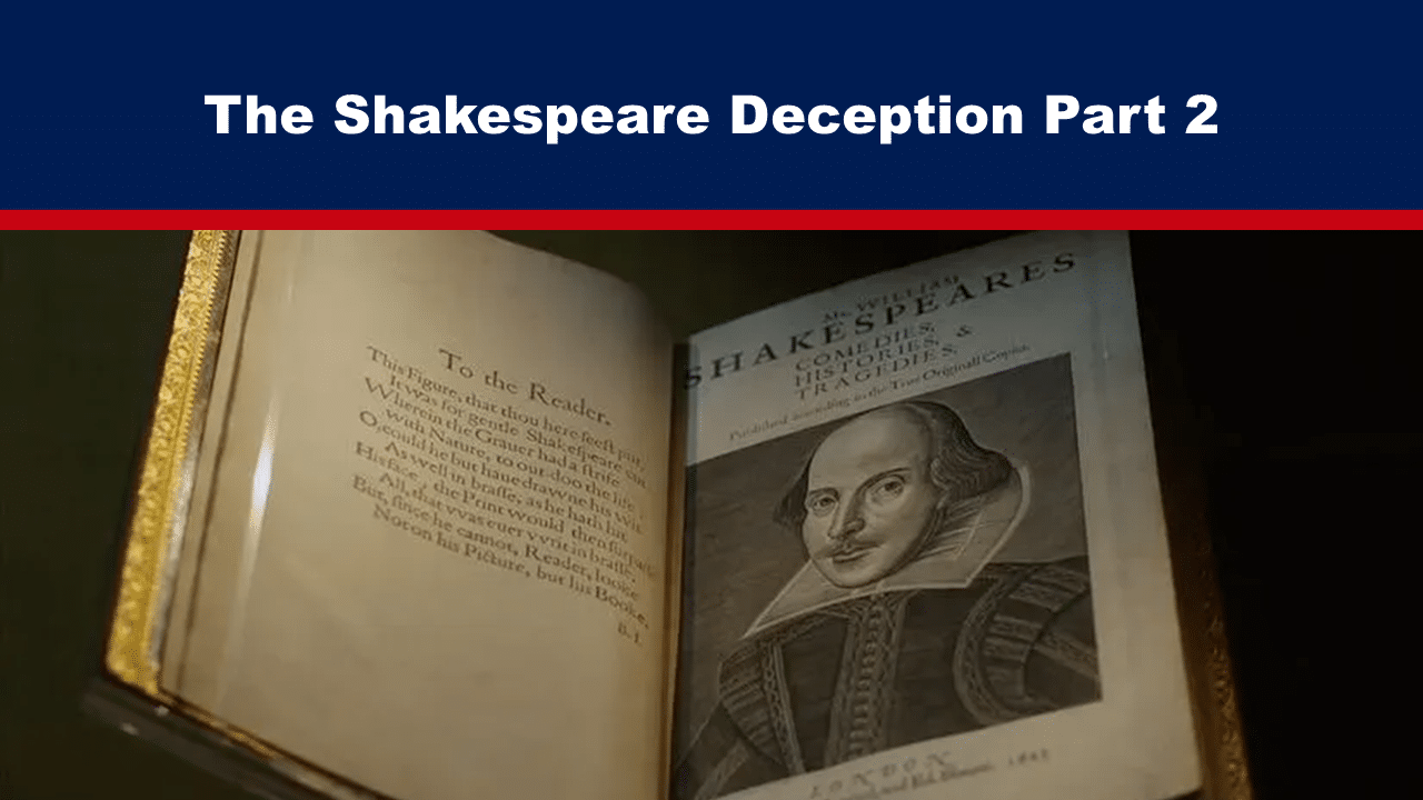 Expose News Open book displaying a Shakespeare portrait and text, highlighting "The Shakespeare Deception Part 2" theme.