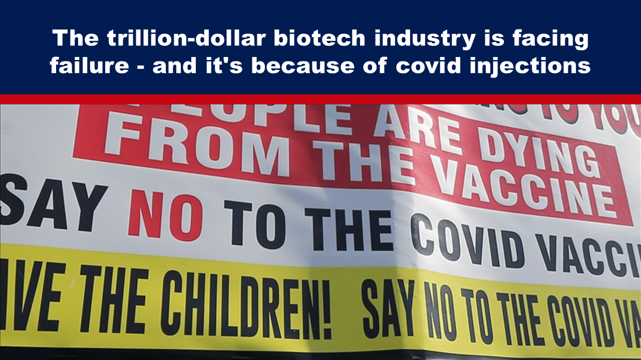 Expose News Protest sign with anti-vaccine messages opposing COVID-19 vaccines, highlighting perceived biotech industry failures.