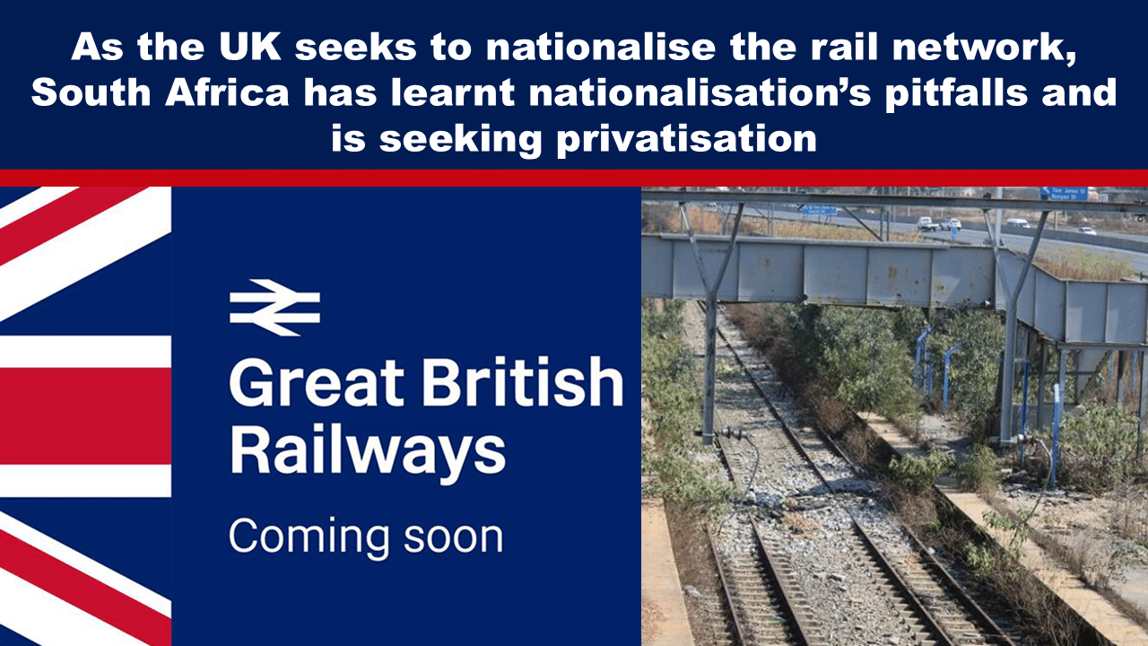 Expose News UK rail nationalisation plans as South Africa considers rail privatisation; Great British Railways announcement with railway tracks backdrop.