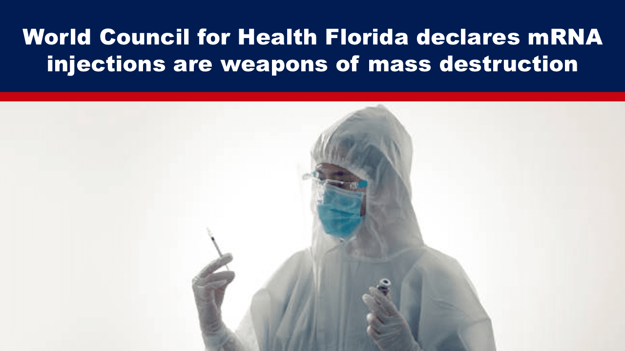 Expose News Scientist in full protective gear holds a syringe against controversial backdrop as World Council for Health Florida stirs up headlines over mRNA claims!