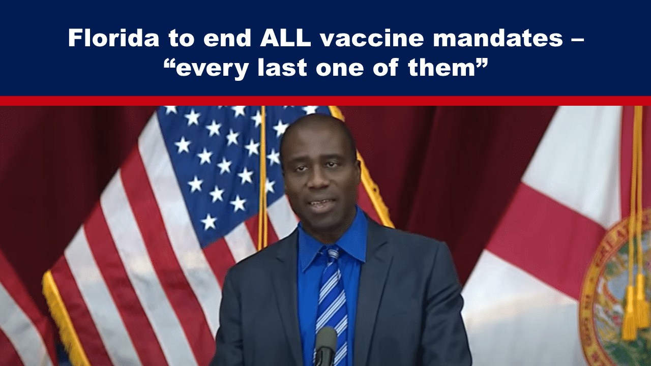 Expose News Speaker announces Florida to end all vaccine mandates—every last one of them. American flags in the background.