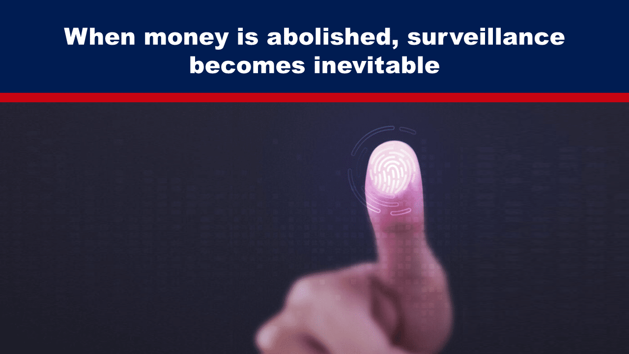Expose News: Finger touches digital fingerprint, highlighting "When money is abolished, surveillance becomes inevitable." A peek into a cashless, watchful world!