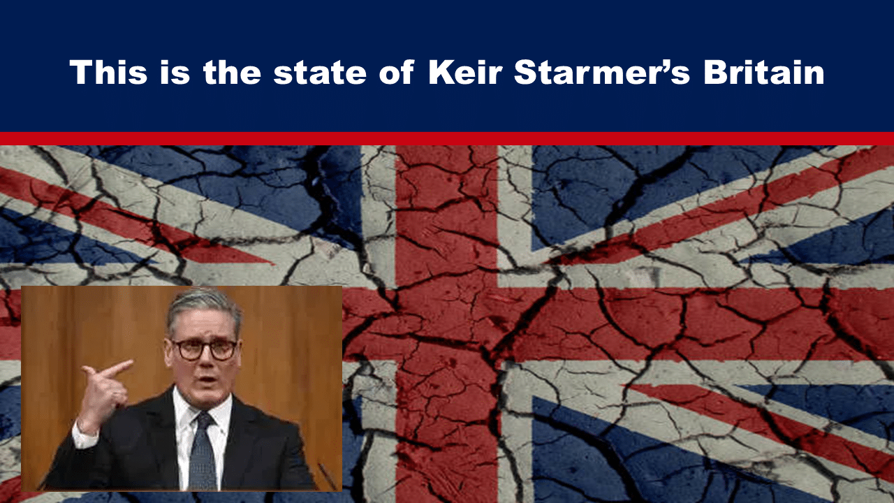 Expose News: Cracked Union Jack backdrop with a politician gesturing, labeled "This is the state of Keir Starmer’s Britain". Vibrant and eye-catching political imagery.