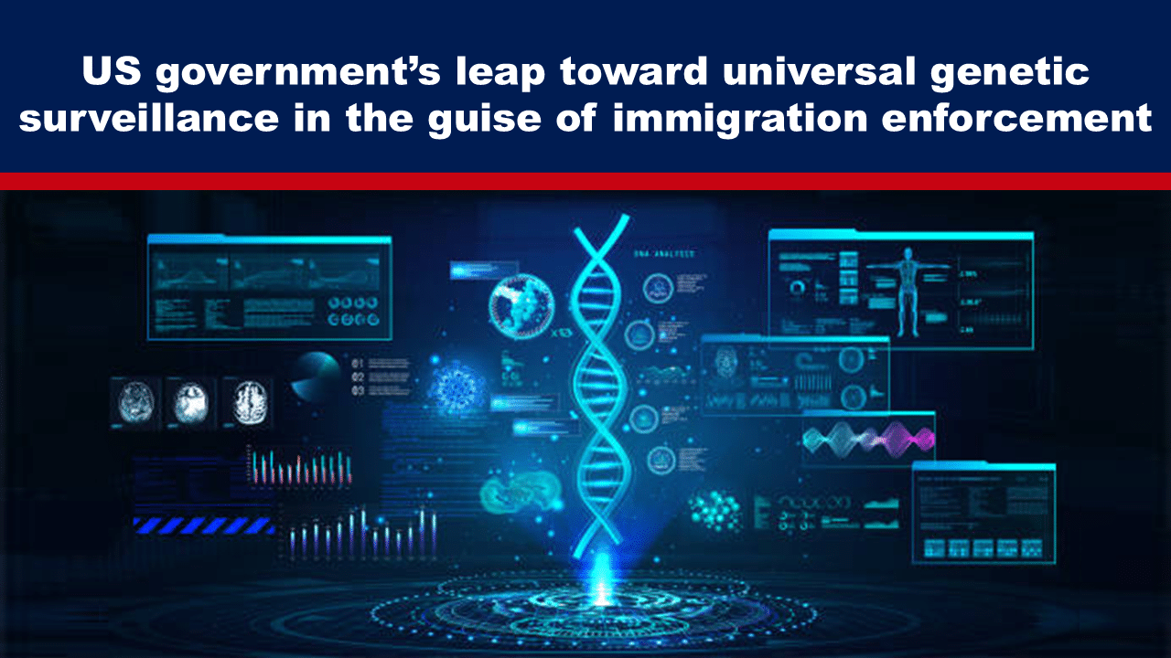 Expose News: High-tech scene depicting the US government’s leap toward universal genetic surveillance under immigration enforcement.