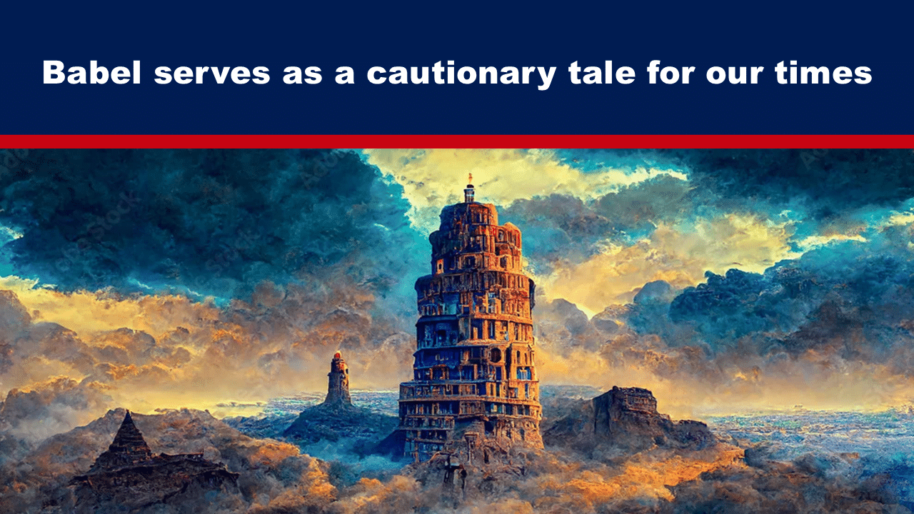 Expose News: Dramatic depiction of the Tower of Babel amidst swirling clouds, symbolizing a cautionary tale for our times with vibrant, surreal colors.