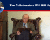 Expose News: Elderly man sitting in a vintage armchair with a clipboard, titled "The Collaborators Will Kill Us All" at the top, looking serious and thoughtful.