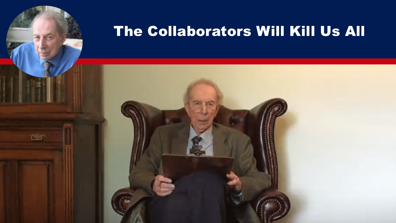 Expose News: Elderly man sitting in a vintage armchair with a clipboard, titled "The Collaborators Will Kill Us All" at the top, looking serious and thoughtful.