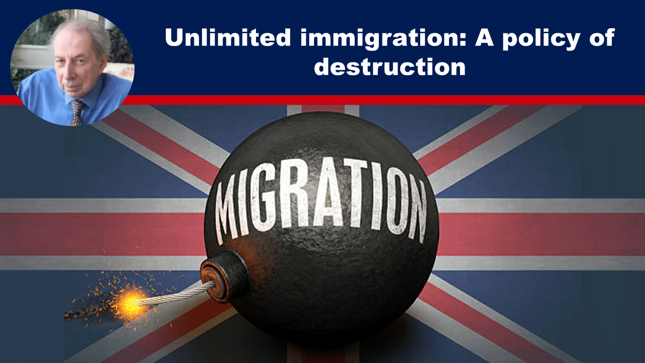 Expose News: Migration bomb ready to explode on a British flag backdrop, highlighting the controversial debate on unlimited immigration: A policy of destruction.