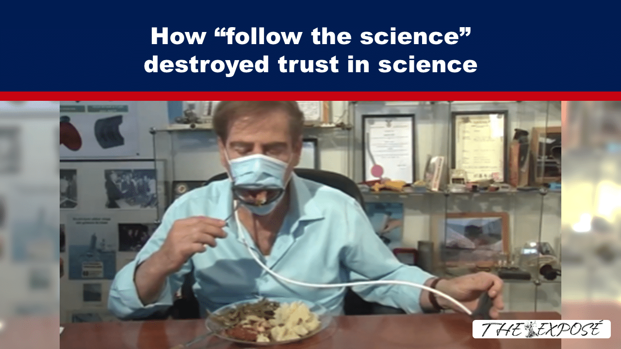 Expose News: Man eats with mask on, questioning how “follow the science” impacts trust in science.