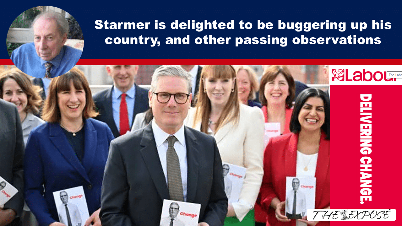 Expose News: Starmer and colleagues smile, holding manifestos, with cheeky headlines suggesting he's delighted with changes in his country. Tabloid vibes!