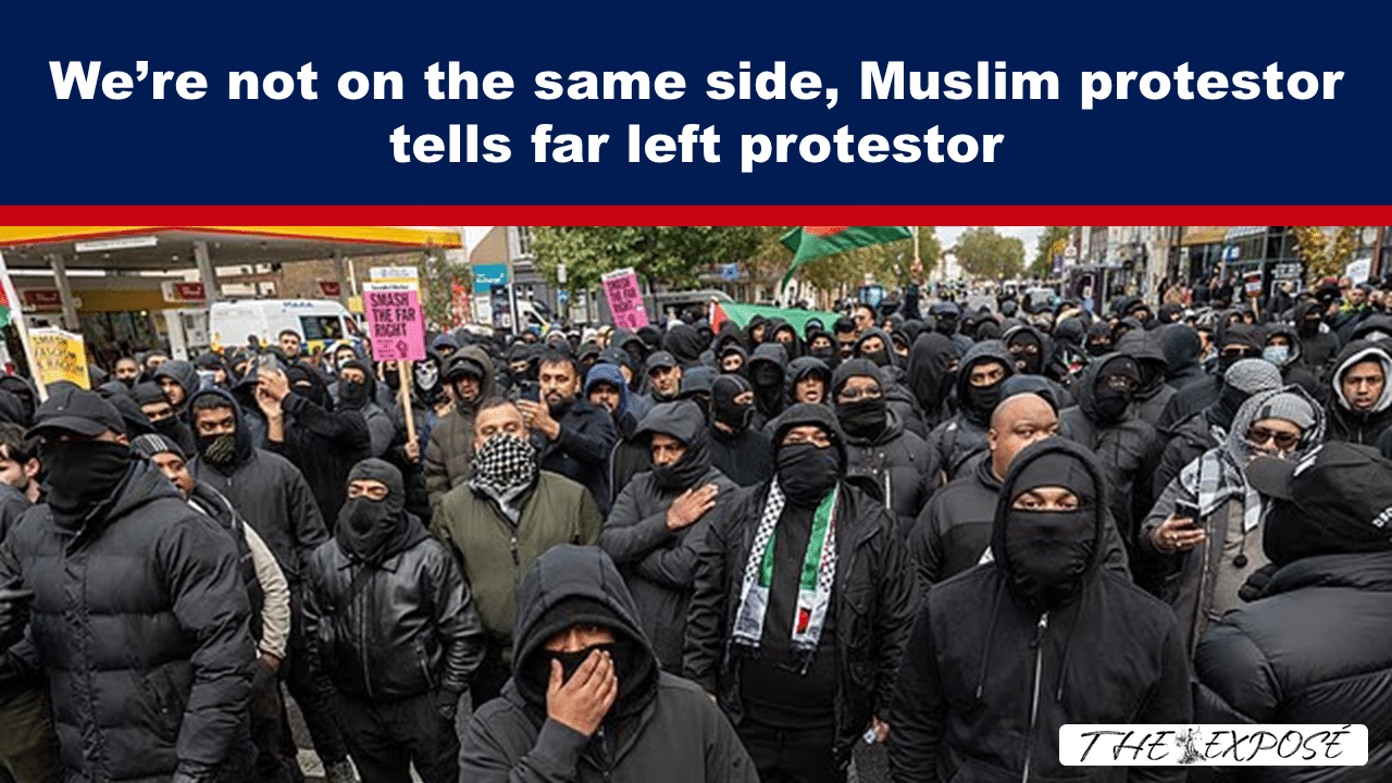 Expose News: Muslim protestor tells far left protestor, "We’re not on the same side" during a heated rally, sparking intense debate in the crowd.