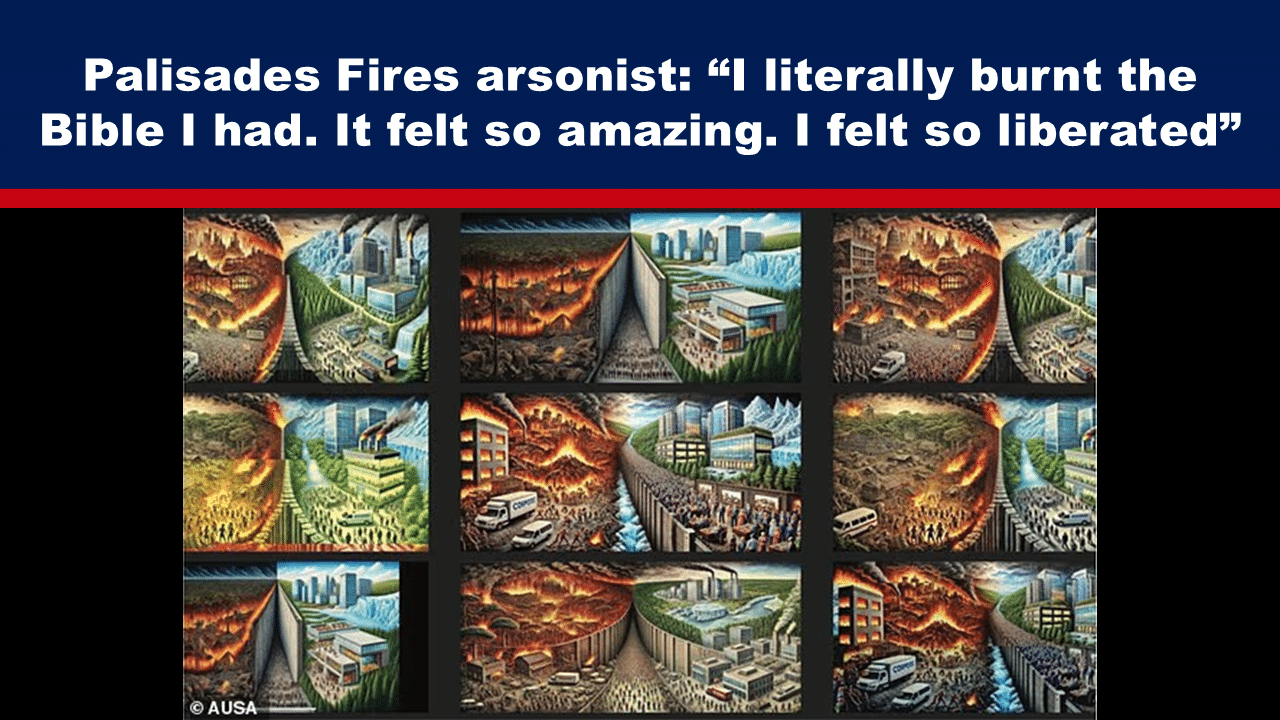 Expose News: Palisades Fires arsonist claims liberation by burning a Bible, depicted through captivating artwork of city fires and chaotic scenes.