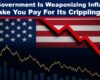 Expose News: US flag with a plummeting red arrow and graph, illustrating USA government using inflation to tackle debt crisis, impacting your wallet.