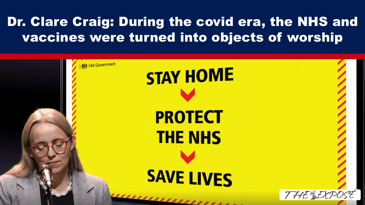 Expose News: Dr. Clare Craig discusses how the NHS and vaccines became like objects of worship during the COVID era. Stay Home, Protect the NHS, Save Lives message displayed.
