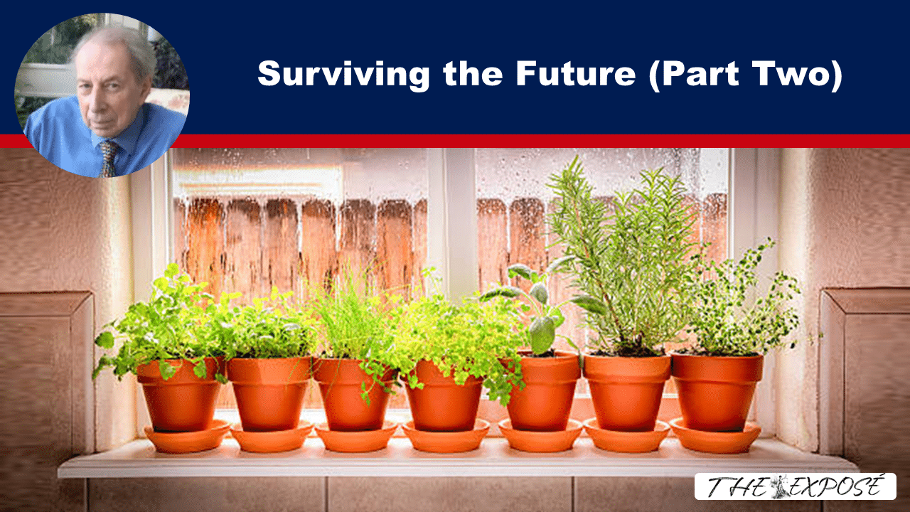 Header banner with the title 'Surviving the Future (Part Two)' on a dark blue background and a host portrait on the left; below is a row of potted herbs on a windowsill.