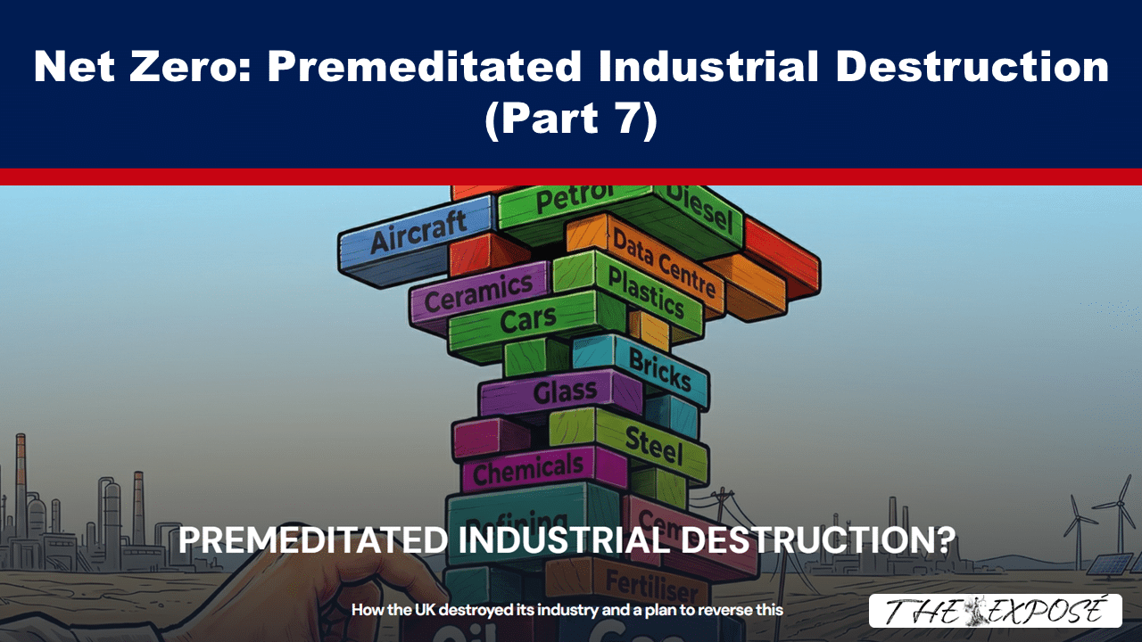 Cover image with stacked colorful blocks labeled industries over a factory skyline, for 'Net Zero: Premeditated Industrial Destruction (Part 7)'.
