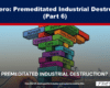 Tower of colorful blocks labeled with industrial sectors (Aircraft, Cars, Plastics, Data Centre, Oils) rising over an industrial skyline; headline: 'Premeditated Industrial Destruction?'