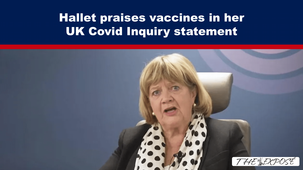 Woman speaks at a press conference about vaccines during a UK Covid Inquiry statement, with a dark blue banner above.