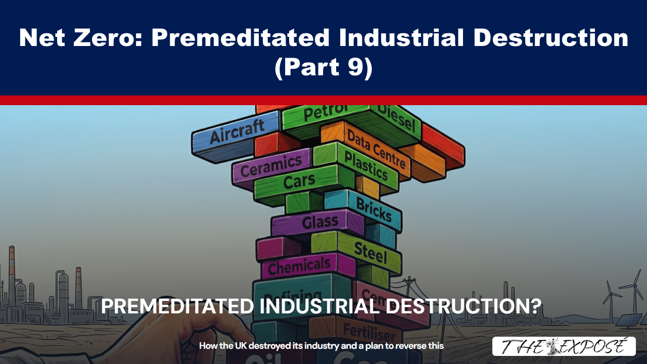 Cover art for Net Zero Part 9: a hand stacks bright blocks labeled various industries into a tower, with wind turbines and an industrial skyline in the background.