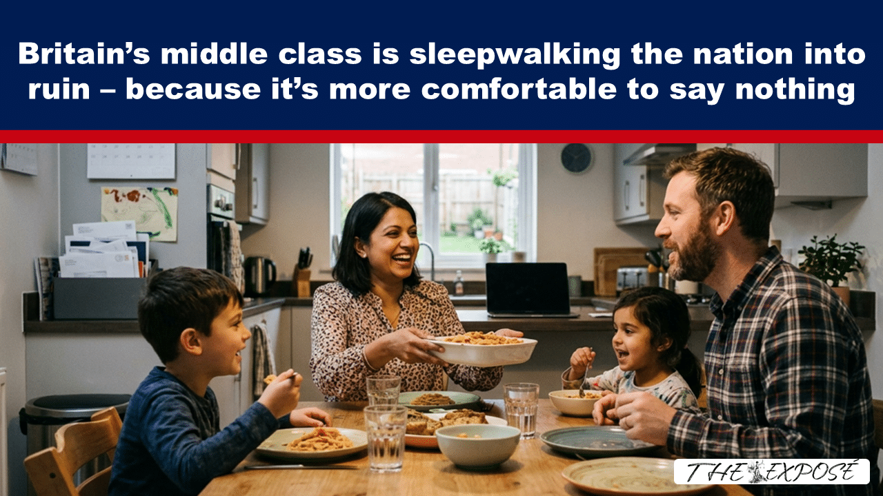 A smiling family of four sits around a kitchen table sharing a meal, with plates of pasta and glasses of water.