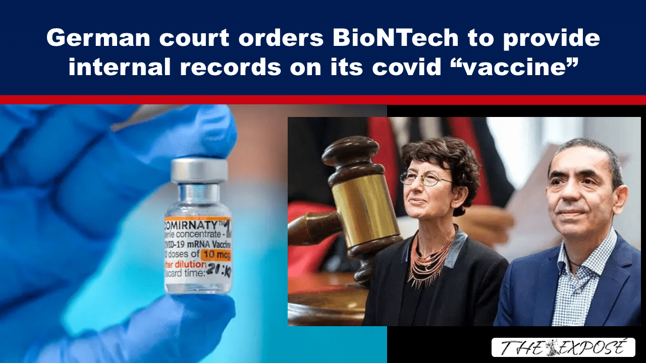 News banner about BioNTech vaccine records; left shows a vaccine vial, right shows a judge’s gavel and people involved in the case.