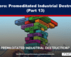 Hero image with a tower of colorful blocks labeled Aircraft, Cars, Plastics, Ceramics, etc., under the headline 'Net Zero: Premeditated Industrial Destruction (Part 13)'. Industrial skyline in the background.