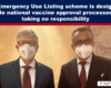 Banner headline accusing WHO scheme of overriding national vaccine approvals; two men in suits wearing masks in a gold-toned room.