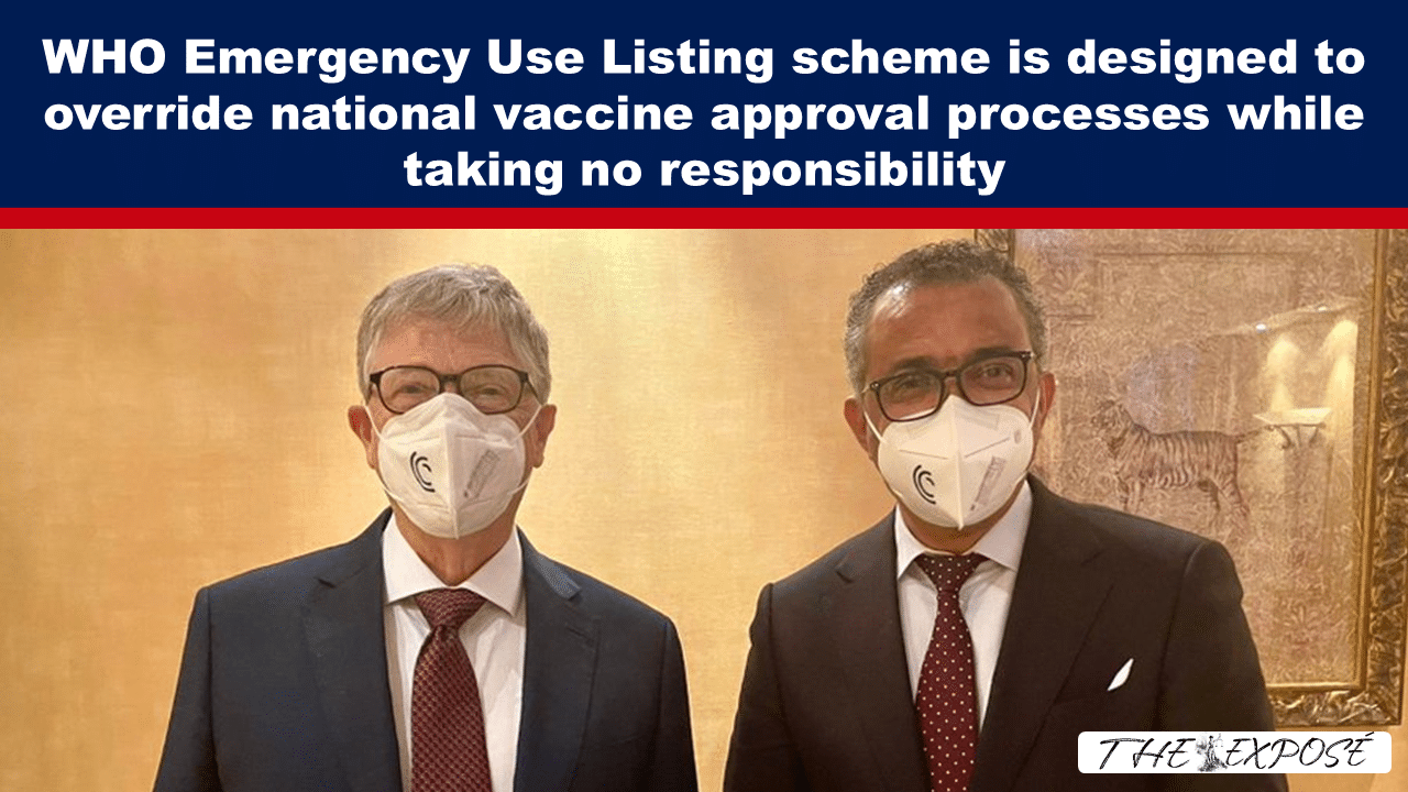 Banner headline accusing WHO scheme of overriding national vaccine approvals; two men in suits wearing masks in a gold-toned room.