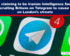 Banner headline about alleged Iranian intelligence recruitment on Telegram to disrupt London, shown over a close-up of smartphone icons (Telegram and WhatsApp).