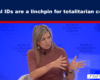 Woman speaking on a World Economic Forum panel; bold headline above reads “Digital IDs are a linchpin for totalitarian control” with a red stripe and blue backdrop.