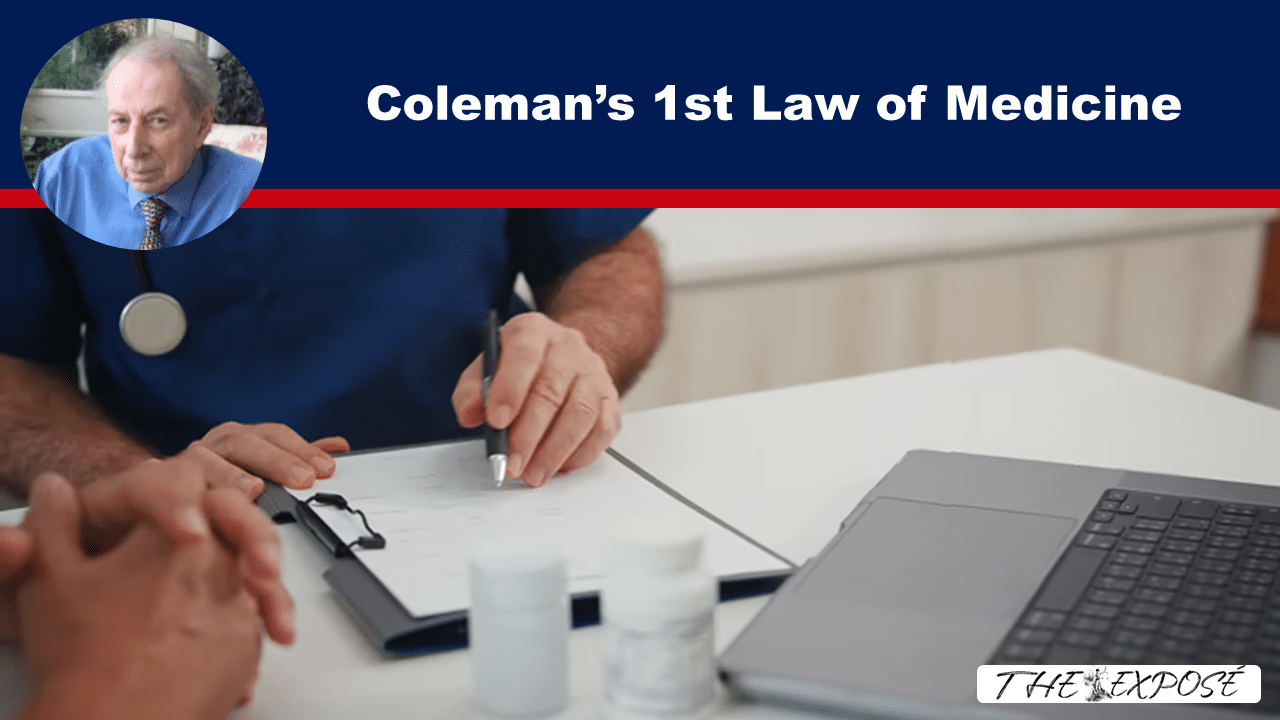 Video thumbnail: title 'Coleman’s 1st Law of Medicine' with a doctor writing on a clipboard at a desk, laptop nearby and medicines on the table.