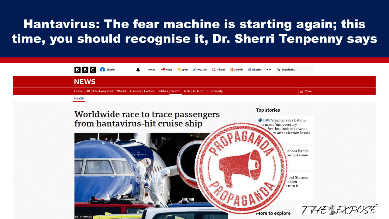 BBC News article screenshot about tracing passengers from a hantavirus-hit cruise ship, with a red 'Propaganda' stamp over the image.