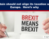 Brexit-themed banner about UK taxation independence; hands hold a card reading 'BREXIT MEANS BREXIT' with a pen nearby.