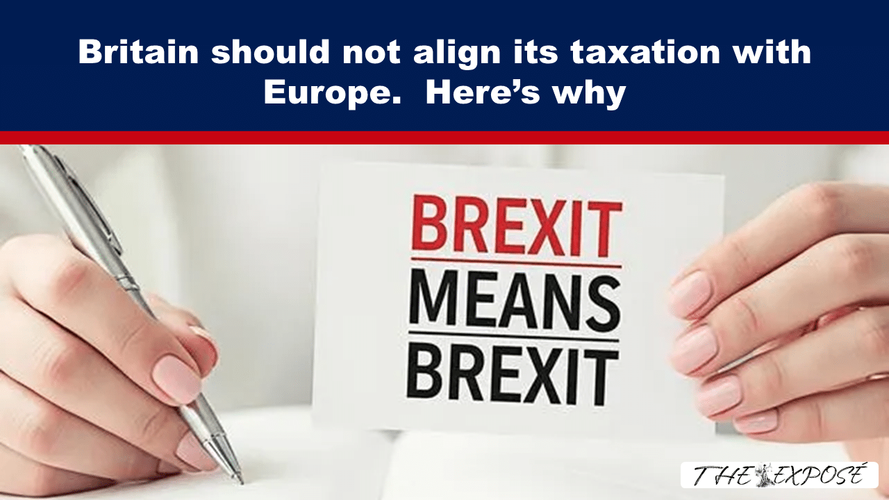 - The Expose Brexit-themed banner about UK taxation independence; hands hold a card reading 'BREXIT MEANS BREXIT' with a pen nearby.