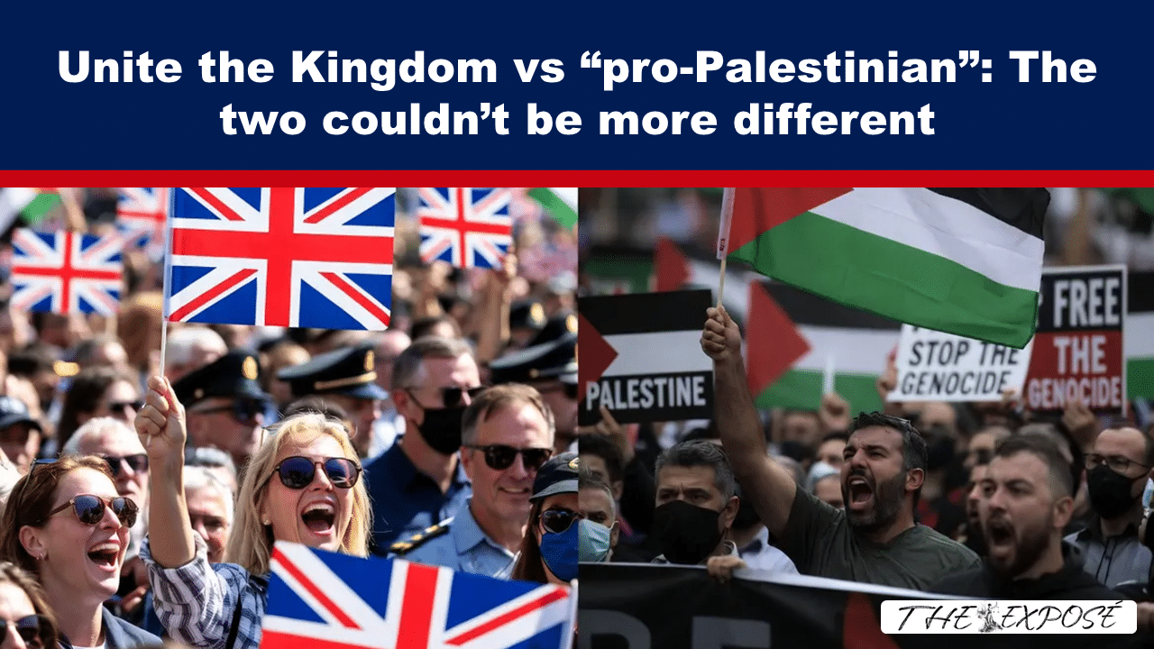 Split-screen protest image: left shows a crowd waving Union Jack flags at a pro-British rally; right shows a crowd with Palestinian flags and signs like 'Stop the Genocide' at a pro-Palestinian protest. A blue banner with bold white text spans the top.