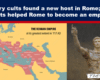 Hero image with a map of the Roman Empire on the left and a Roman emperor statue on the right, overlaid with the headline about mystery cults in Rome.