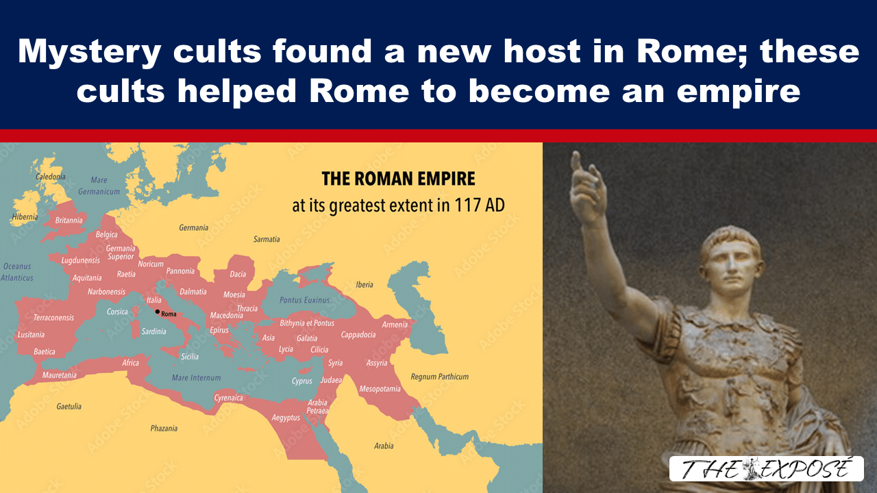 - The Expose Hero image with a map of the Roman Empire on the left and a Roman emperor statue on the right, overlaid with the headline about mystery cults in Rome.
