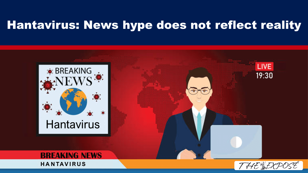 - The Expose Breaking news broadcast about hantavirus with world map, anchor at a laptop, and Live 19:30 indicator.
