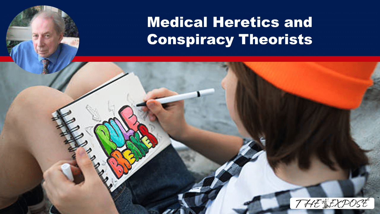 - The Expose Bold banner reading 'Medical Heretics and Conspiracy Theorists' with a circular portrait on the left and a person drawing 'Rule Breaker' in a notebook, wearing an orange beanie.