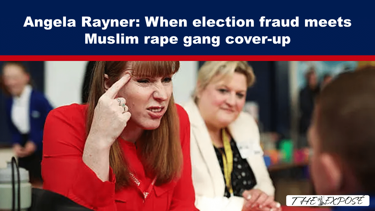 - The Expose Headline banner about Angela Rayner; woman in red gestures toward her temple in a meeting scene.