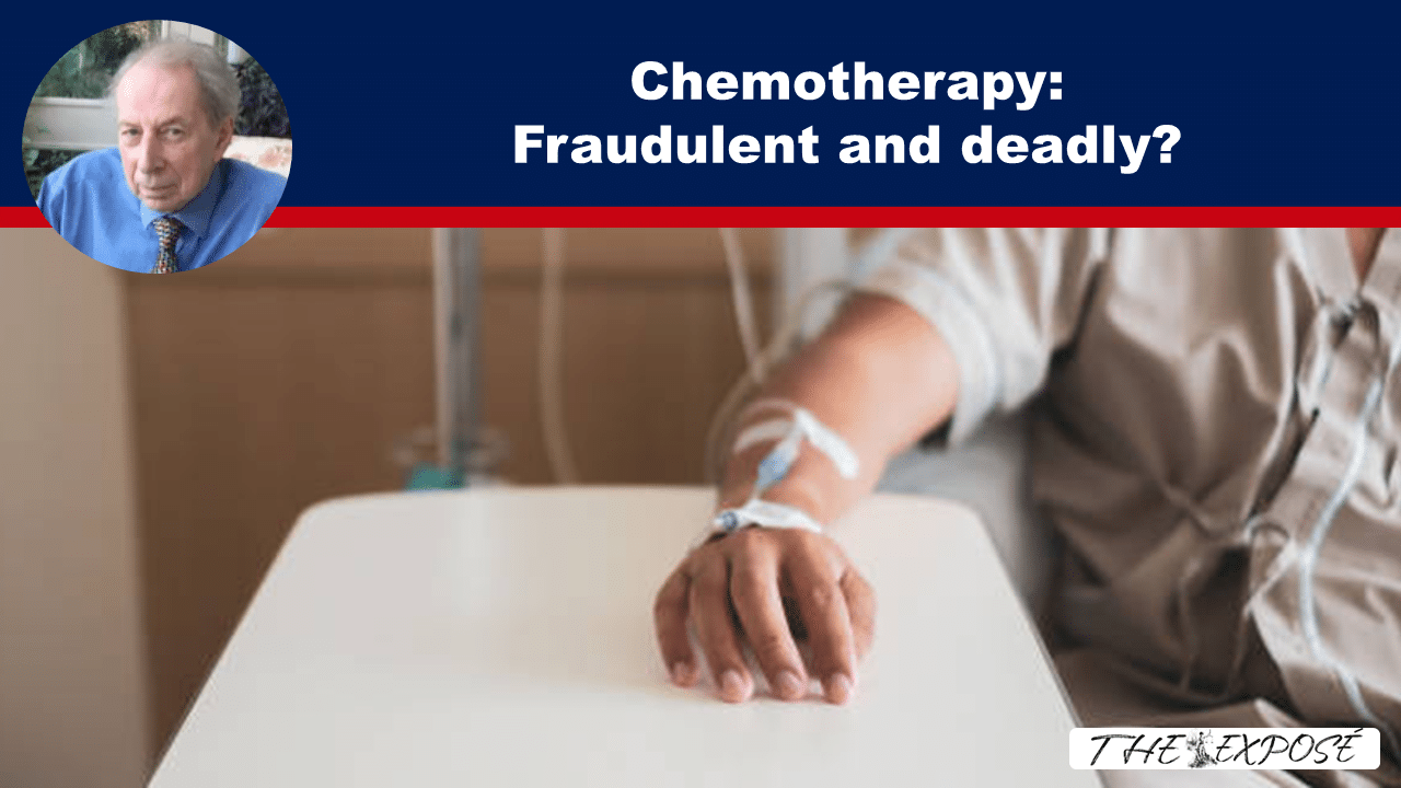 - The Expose Patient in a hospital bed with an IV line in their arm, accompanying an article about chemotherapy being fraudulent and deadly.