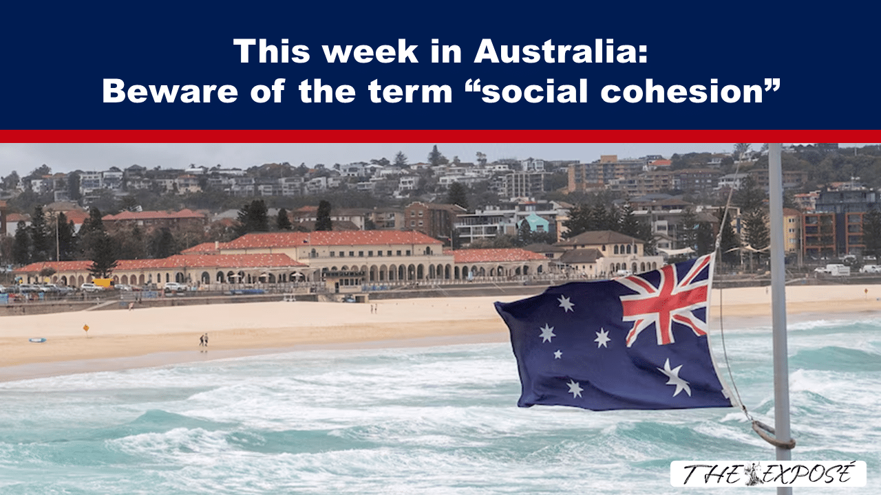 News banner warning about the term 'social cohesion' with an Australian beach scene and a waving flag.