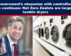 Split image: man in a suit gesturing with his hand on the left, and a row of front-loading washing machines on the right.
