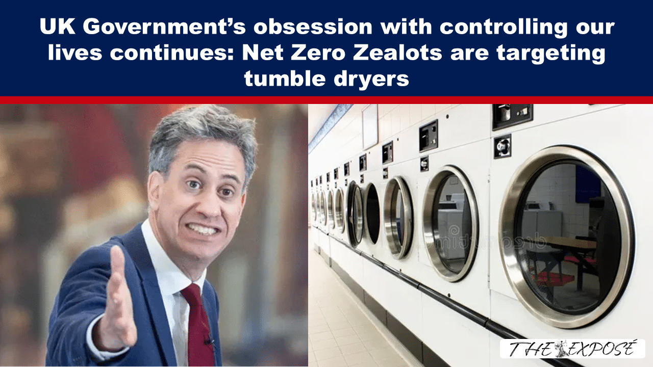 Split image: man in a suit gesturing with his hand on the left, and a row of front-loading washing machines on the right.