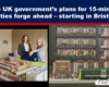 Banner announcing UK 15-minute city plans starting in Bristol; left: two people review aScale-model city model; right: modern building with a green tram on the street.