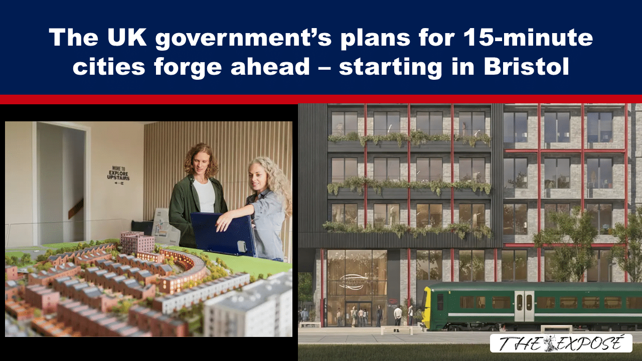 Banner announcing UK 15-minute city plans starting in Bristol; left: two people review aScale-model city model; right: modern building with a green tram on the street.