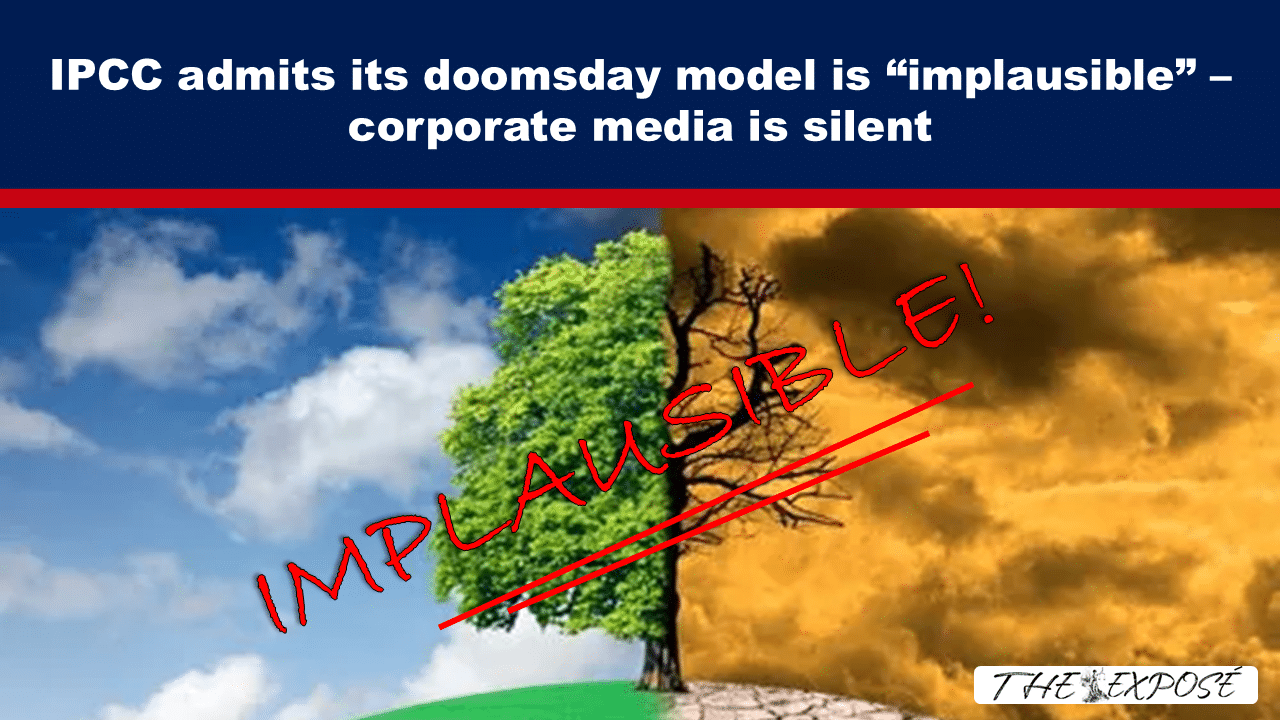 News thumbnail: split image with a green tree on the left, scorched, smoky landscape on the right, red 'IMP...ABLE' stamp across the middle, and a bold headline about IPCC's doomsday model being implausible; source 'The Expose' watermark nearby.